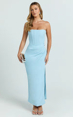 Avery Midi Dress - Strapless Draped Side Split Dress in Blue