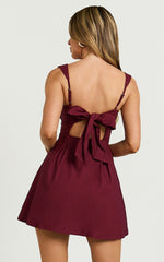 Ida Mini Dress - Wide Strap Straight Neck  Bow Back Dress in Berry