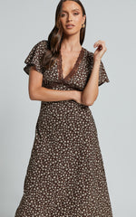 Vanya Midi Dress - V Neck Short Sleeve Lace Trim Tie Back Slip Dress in Chocolate Floral