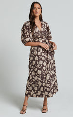 Amalie The Label - Francie Linen Blend Puff Sleeve Wrap Midi Dress in Sahara Print