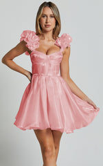 Amber Mini Dress - Sleeveless Ruffle Detail Sweetheart Pleated Dress in Pink