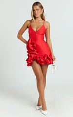 Nellie Mini Dress - V Neck Ruffle Hem Bodycon Dress in Red