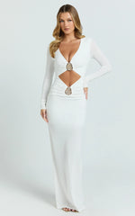 Dakota Maxi Dress - Long Sleeve V Neck Bodycon Dress in Cream