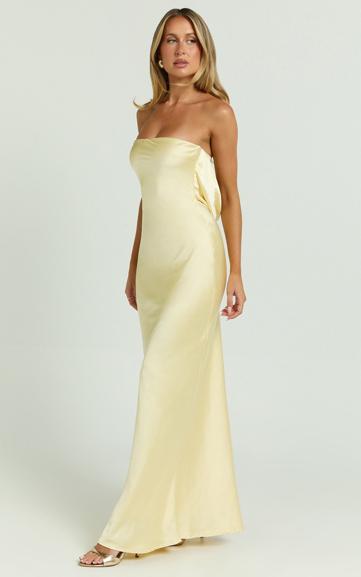 Charlita Maxi Dress - Strapless Cowl Back Satin Dress in Butter Yellow