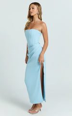 Avery Midi Dress - Strapless Draped Side Split Dress in Blue