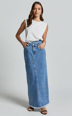 Evelyn Maxi Skirt - High Asymmetrical Waist Frayed Hem Denim Skirt in Mid Blue Wash