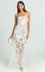 Sienna Maxi Dress - 3D Floral Strapless Column Dress in White