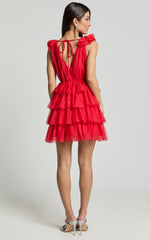 Hayden Mini Dress - Low Back Tulle Tiered Dress in Red