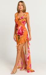 Theadore Maxi Dress - One Shoulder Asymmetric Hem Dress in Tropical Sunset