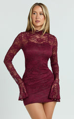 Dexter Mini Dress - Lace Frill Sleeve High Neck Dress in Wine