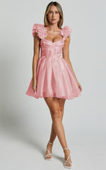 Amber Mini Dress - Sleeveless Ruffle Detail Sweetheart Pleated Dress in Pink
