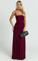 Cardi Maxi Dress - Ruched Mesh High Leg Split Dress in Wine