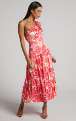 Georgine Midi Dress - One Shoulder Ruched Tiered Dress in Peony Blossom