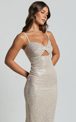 Agatha Maxi Dress - Sequin Twist Front Cut Out Dress in Gold