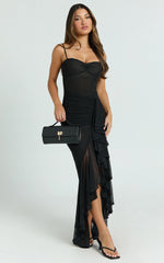 Brionna Midi Dress - Lace Neck Ruched Ruffle Hem Dress in Black