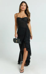 Brionna Midi Dress - Lace Neck Ruched Ruffle Hem Dress in Black
