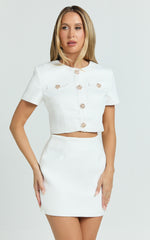 Addington Two Piece Set - Boucle Cap Sleeve Crop Jacket And Fitted Mini Skirt in White