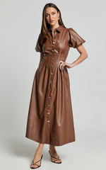Ziva Midi Dress - Short Puff Sleeve Button Through Dress in Chocolate