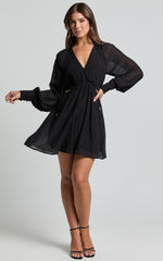 Xandria Mini Dress - Blouson Sleeve Cut Out Dress in Black