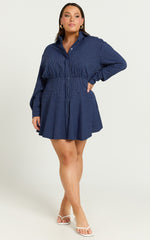 Whitney Mini Dress - Linen Long Sleeve Shirt Dress in Navy