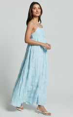 Claya Maxi Dress - Sleeveless Straight Neckline Floral Detail Dress in Pale Blue