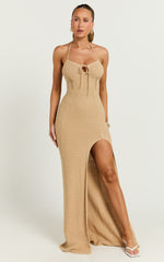 Venus Maxi Dress - Crochet Knit Halter Bodycon Dress in Beige