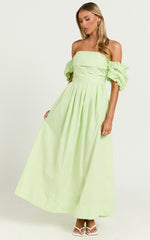 Annie Midi Dress - Off The Shoulder Ruffle Sleeve Pleated Dress in Lime