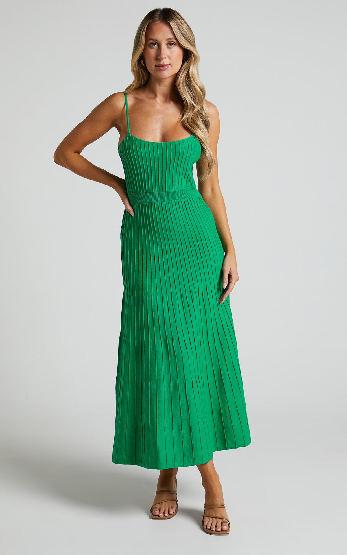 Donissa Midi Dress - Panelled Knit Dress in Green