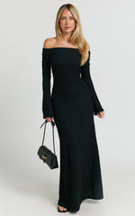 Ayla Maxi Dress - Off Shoulder Flared Sleeve Bodycon Dress in Black