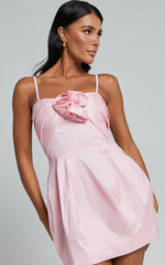Amberle Mini Dress - Strappy Rosette Detail Bodice Dress in Pink