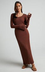 Blaire Midi Dress - Long Sleeve Tie Back Flare Dress in Chocolate