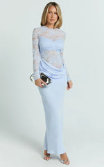 Crisanta Maxi Dress - Long Sleeve Contrast Lace Bodycon Dress in Pale Blue