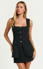 Phyllis Two Piece Set - Tailored Scoop Neck Vest Top and A Line Mini Skirt Set in Black