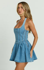 Hayes Mini Dress - Halter Neck Corset Bodice Dress in Mid Blue Wash