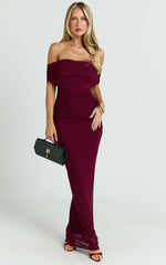 Caterina Maxi - Ruched Off Shoulder Mesh Dress in Wine