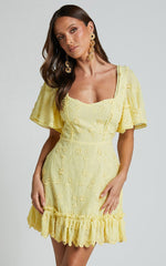 Fancy A Spritz Mini Dress - Square Neck Dress in Lemon