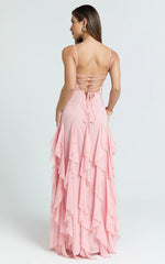 Maeve Maxi Dress - V Neck Ruffle Tier Slip Dress in Pink