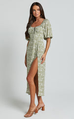 Rosario Midi Dress - Ruched Bust Puff Sleeve Dress in Olive Floral