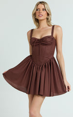 Jonas Mini Dress - Corset Ruched Lace Trim Dress in Chocolate
