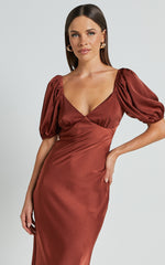 Catiana Midi Dress - V Neck Short Puff Sleeve Slip Dress in Chocolate