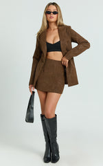 Gretchen Blazer - Slim Fitting Single Breasted Faux Suede Blazer in Brown