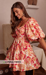 Amalie The Label - Penelopia Linen Look Blend Puff Sleeve Twist Bodice Mini Dress in Sienna Print