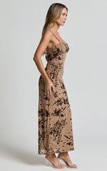 Lindsay Midi Dress - Ruched Chest Velvet Burnout Slip Dress in Brown Floral