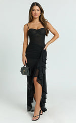 Brionna Midi Dress - Lace Neck Ruched Ruffle Hem Dress in Black