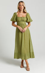 Roshina Midi Dress - Straight Neck Puff Sleeve Dress in Olive