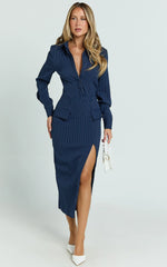 Ophelia Midi Dress - Collared Pinstripe Long Sleeve Fitted Dress in Navy