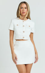 Addington Two Piece Set - Boucle Cap Sleeve Crop Jacket And Fitted Mini Skirt in White