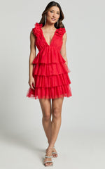 Hayden Mini Dress - Low Back Tulle Tiered Dress in Red