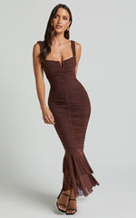 Kody Midi Dress - Bodycon Ruched Mesh Cut Out Dress in Chocolate