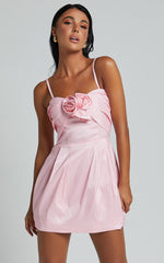 Amberle Mini Dress - Strappy Rosette Detail Bodice Dress in Pink